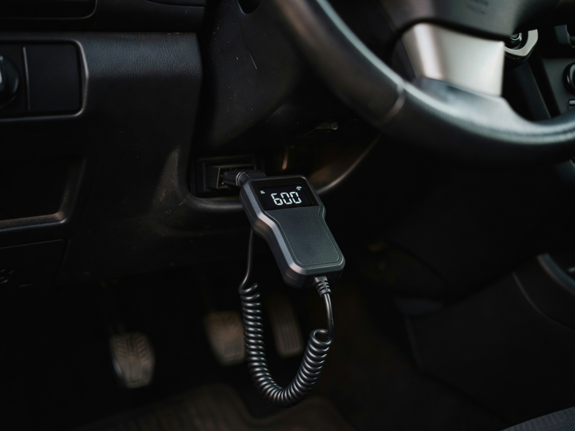 Handheld diagnostic tool plugged into car OBD port under steering column