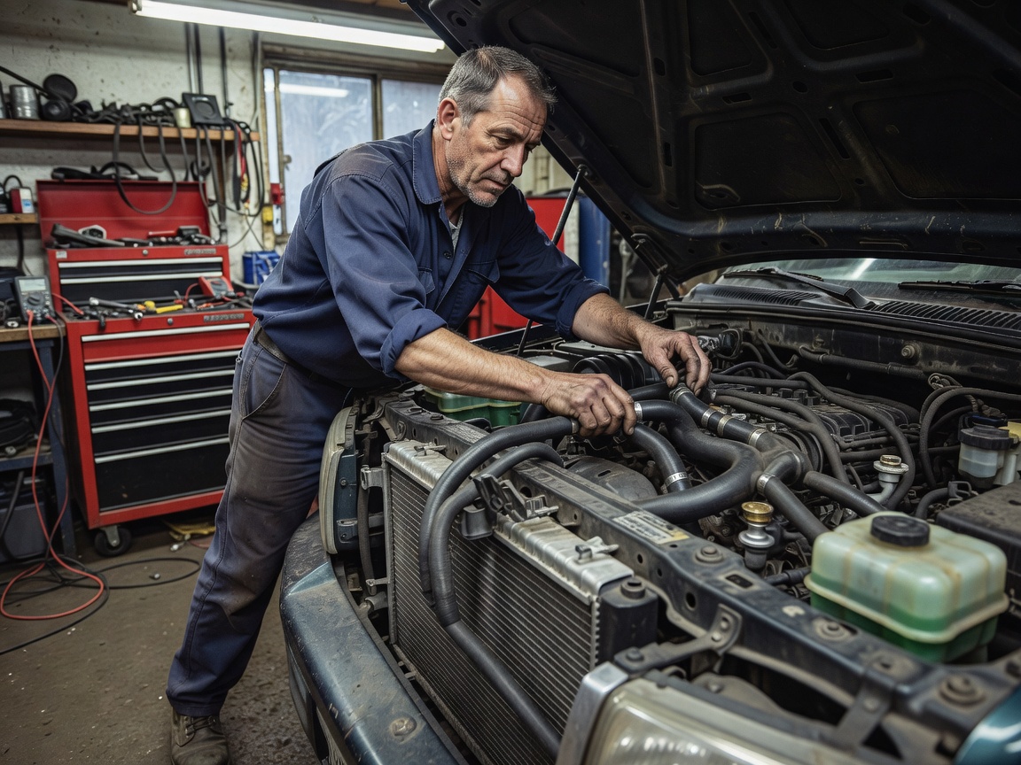 Mechanic examining engine coolant hoses and radiator under vehicle bonnet