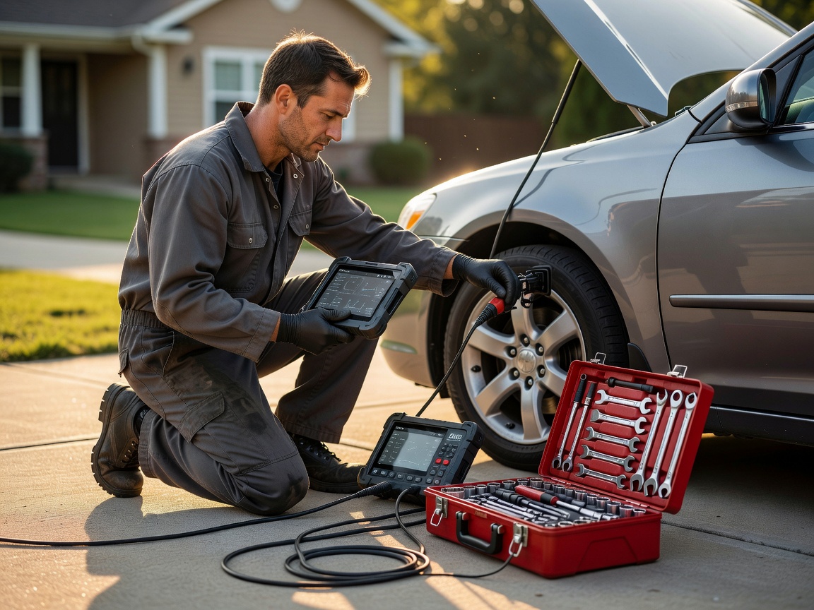 Mobile automotive technician servicing vehicle on location with diagnostic equipment
