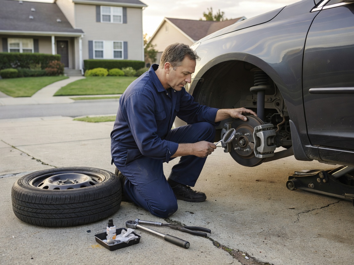 Mobile mechanic inspecting brake assembly in residential driveway