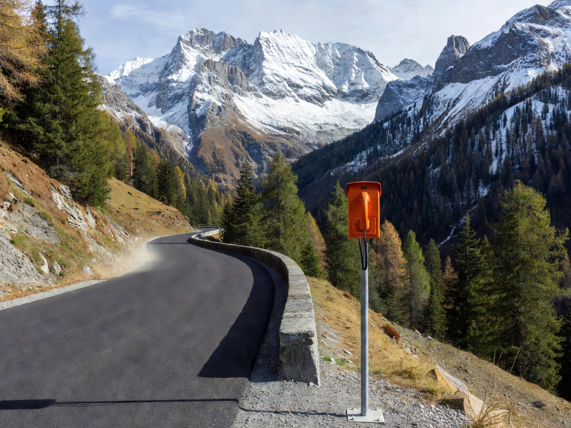 Scenic European motorway through alpine pass with roadside emergency telephone